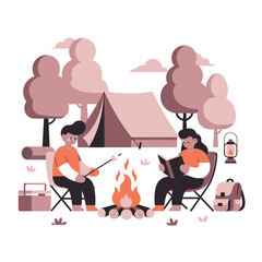Obraz premium Couple Camping by Campfire: Reading and Roasting Marshmallows