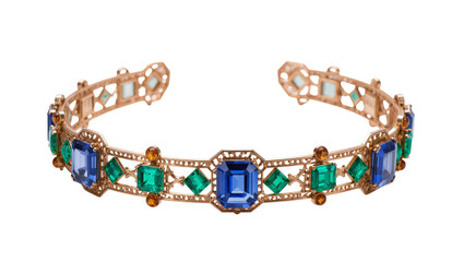 Isolated ornate gold-toned bracelet adorned with sparkling blue, green, and amber gemstones