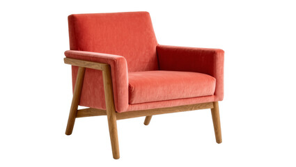 Fototapeta premium Isolated modern coral velvet armchair with wooden frame for stylish interiors