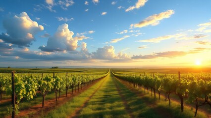 Fototapeta premium Scenic Vineyard Rows at Sunset with Vibrant Green Vines and Blue Sky