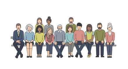 Fototapeta premium A diverse group of men and women of various ages are sitting together on a long bench, depicted in a flat vector style.