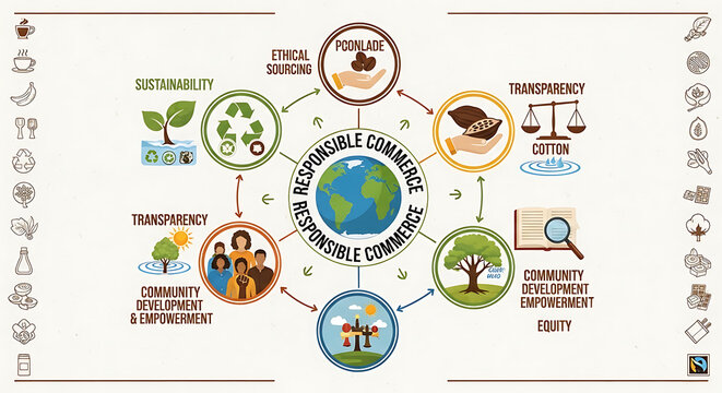Comprehensive visual framework illustrating fair trade principles priorities and sustainability through ethical sourcing community development and equitable global commerce