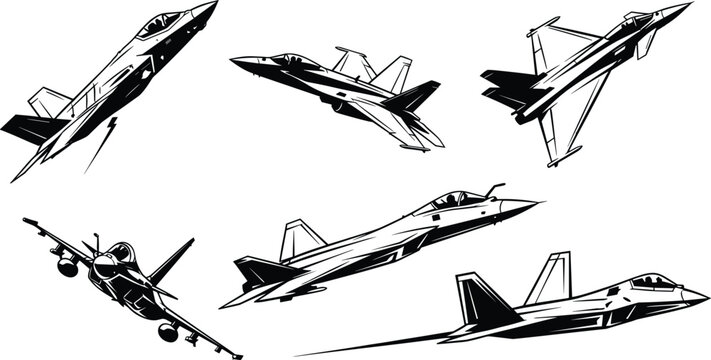 Set of Modern Military Fighter Jet Silhouettes Vector Illustration with F35 F22 and Stealth Aircraft Graphics for Aviation Design Projects