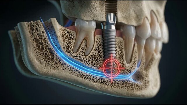 3D Animation of Dental Implant Placement in Jawbone with Nerve Visualization and Target Area Highlighted for Surgical Planning Background
