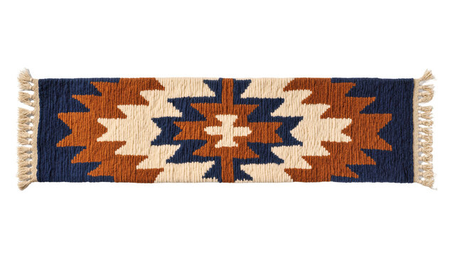 Isolated textured Southwestern style rug runner featuring a bold geometric pattern and fringe.