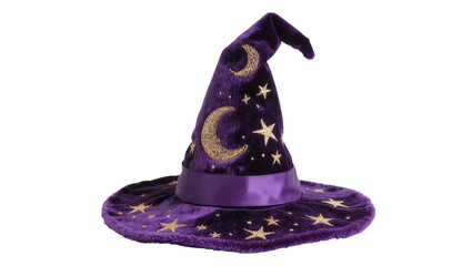 Fototapeta premium Isolated purple velvet wizard hat decorated with golden stars and moons, magical costume accessory