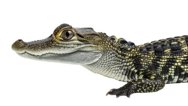 Isolated young alligator or caiman with detailed scales, side view, wildlife animal portrait