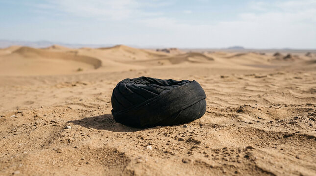 Representaci&oacute;n con IA de turbante negro en el desierto
