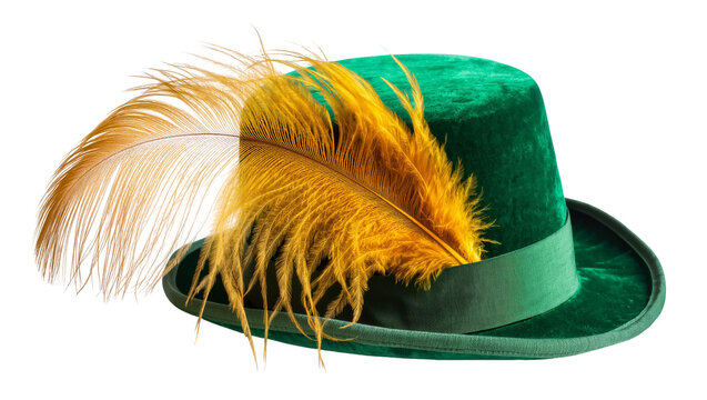 Isolated green velvet top hat adorned with a golden feather, festive and elegant costume accessory.
