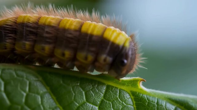 Tiny Caterpillar With Yellow Rings. Detailed Image Of Caterpillar With Segmentation And Hairs On Leaf