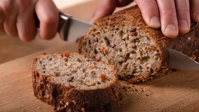 Bakery Magic: A Mesmerizing Moment of Slicing Fragrant Rye Bread, Revealing Its Porous and Airy Texture.