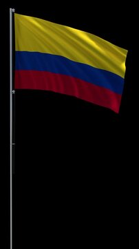 Colombia flag waving on metal flagpole, vertical video with transparent background and alpha channel, seamless loop 3D rendering 4K