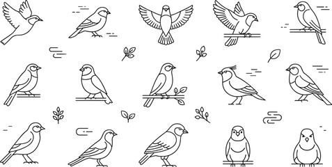 Obraz premium Minimal Line Art Birds Set with Simple Designs and Nature Elements Vector Illustration Collection