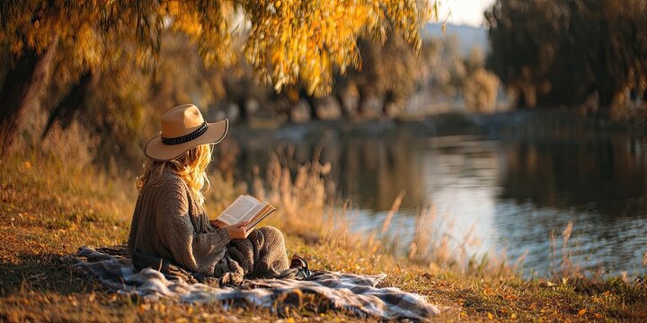 A young woman reads a book in a clearing near a river, sitting on a cozy blanket in an autumn park. A beautiful woman in a hat enjoys autumn and reading with her hat open.