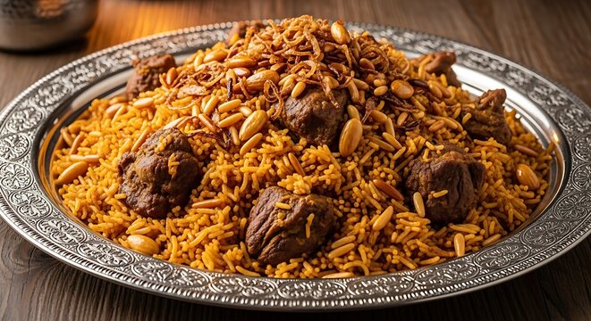 A delicious serving of traditional middle eastern lamb mansaf with rice and toasted nuts on an ornate silver serving platter illustration