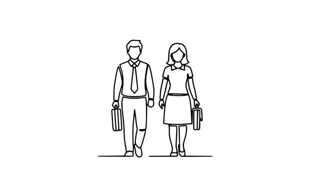 A minimalist line art illustration of a man and woman walking together