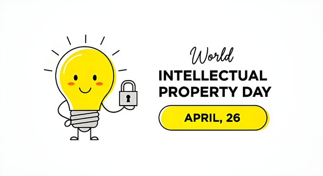 A cartoon lightbulb character celebrates World Intellectual Property Day on April 26th with a padlock