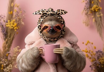 Fototapeta premium Fashionable sloth wearing glasses and a headscarf, holding a pink mug, looking chic and relaxed