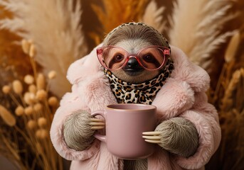 Fototapeta premium Fashionable sloth wearing pink fur coat and glasses holding a coffee mug