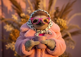 Fototapeta premium Whimsical sloth wearing pink glasses and a fur coat holding a mug