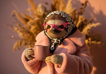 Fototapeta premium A fashionable sloth wearing glasses and a headscarf enjoys a warm drink on a cozy day