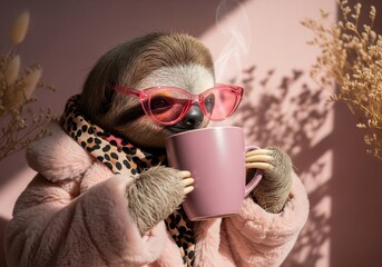 Fototapeta premium Stylish sloth wearing pink sunglasses and fur coat drinks hot beverage from mug with steam