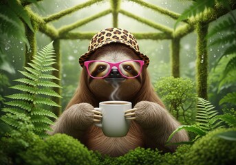 Fototapeta premium Whimsical sloth in a jungle wearing pink glasses and a leopard hat, enjoying a hot cup of coffee