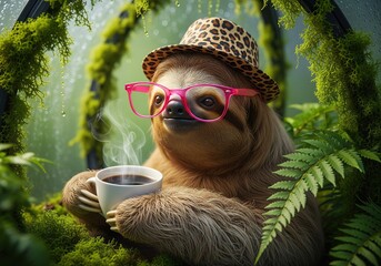 Fototapeta premium Adorable sloth in a leopard print hat and pink glasses enjoys a hot cup of coffee in a lush greenhouse