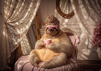 Fototapeta premium Glamorous sloth wearing leopard print headscarf and pink glasses, relaxing with coffee
