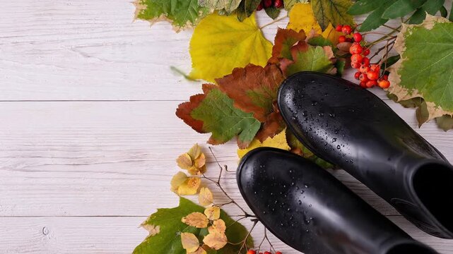 Black rubber boots step on autumn leaves, space for text
