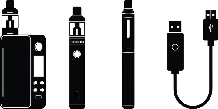Electronic cigarette set with vape mod pen device and USB charger cable black silhouette icons isolated on white background vector.