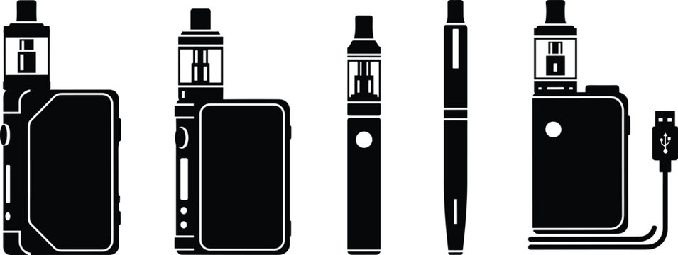 Set of electronic cigarette vape mod silhouettes including box mods, vape pens, and charging cables for modern vaping culture vector designs.