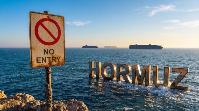 Crucial strait of Hormuz with a weathered no entry sign and several cargo ships.