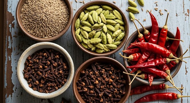 Top view of various aromatic spices including cardamom cloves cumin and red chili peppers arranged in rustic ceramic bowls illustration