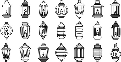 Black and White Line Art Icons of Various Traditional Lanterns, Candle Lights, Vector Collection © pixsource