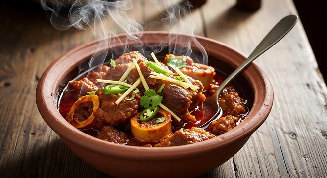 A steaming bowl of delicious traditional mutton nihari garnished with fresh ginger strips and green chili in a clay pot illustration