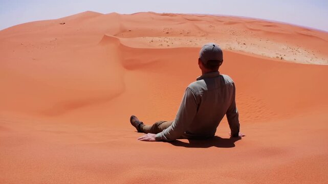 An Individual Resting On Sand Dune In Vast Desert Landscape During Midday With Reflective Thoughts