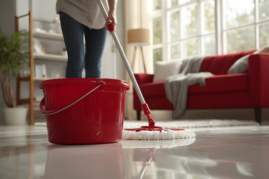 A person is mopping a shiny floor with a red bucket and a mop in a bright living room