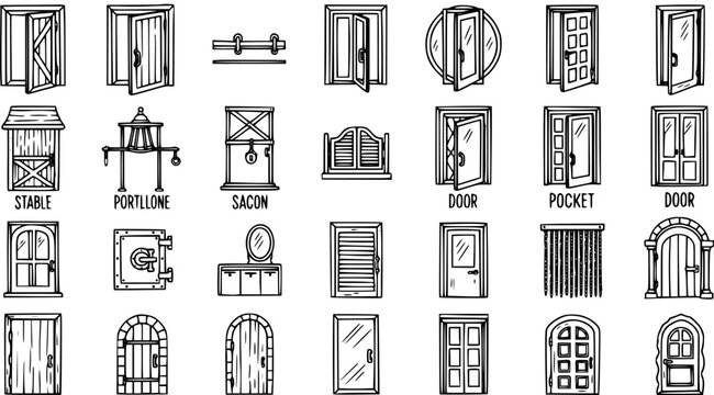 Architectural  Home Doors Collection: Hand-drawn Black and White Line Art Vector Icons of Diverse Building Entryways, Gates, and Openings.