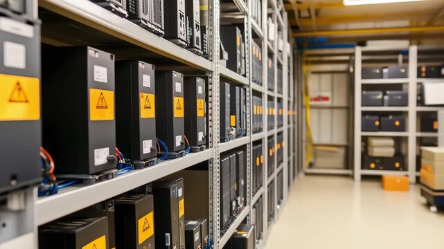Workers manage multiple storage units in a data center while ensuring all equipment follows safety protocols during the day