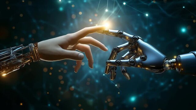 Human and robot hands are reaching out to each other in a digital environment with glowing points of connection in a technology exhibit