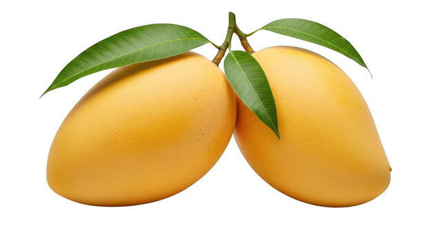 A pair of ripe apricots with green leaves on a white background