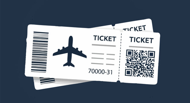 Two white vector airline tickets with airplane icon, barcode, and QR code on dark blue background
