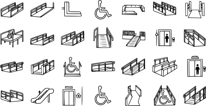 Accessibility Ramps, Elevators, and Escalators Black and White Line Art Icons Set Depicting Disabled Access Infrastructure.