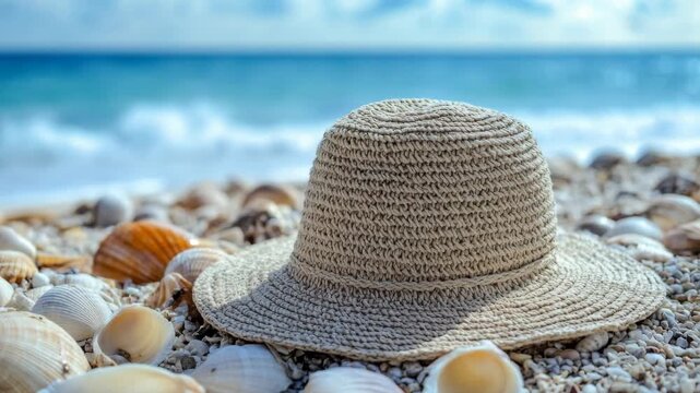 Forgotten straw hat rests among seashells on a pebbly shore with a beautiful blue sea background