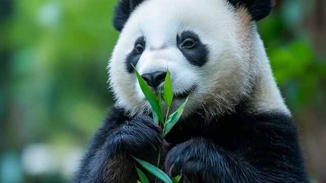 Close-up of a giant panda eating fresh green bamboo leaves in a forest with a blurred background