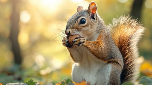 Cute squirrel eating a walnut in a sunny autumn park with beautiful golden light and fallen leaves
