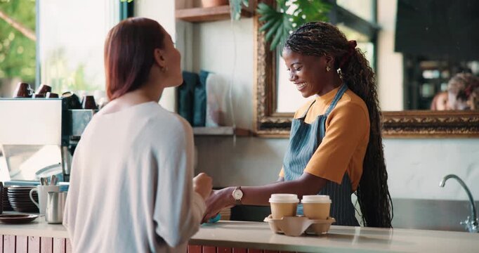 Women, credit card and pos for drinks at coffee shop with easy payment, thanks and paperless transaction. People, barista and customer experience with order, smile and fintech app with cups at cafe