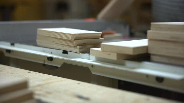 Expert Cabinetmaker Carefully Stacking And Organizing Plywood Pieces Under Bright Factory Lights. Media