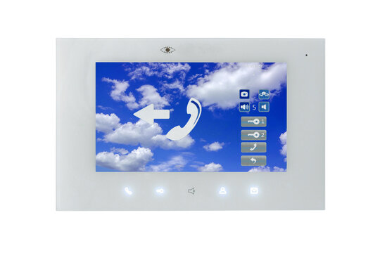 Digital door phone with call and communication functions displayed on screen,  isolated on white background